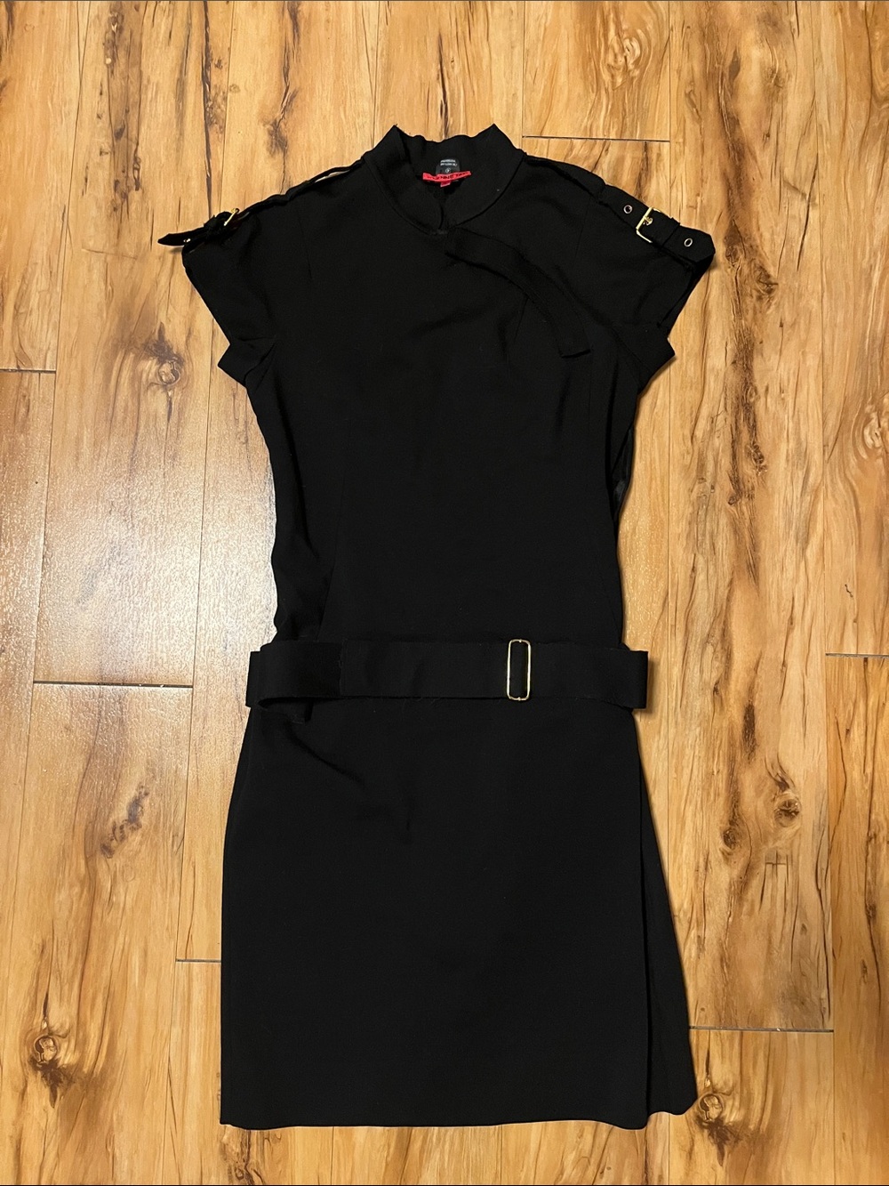Vivienne Tam Black Short-Sleeve Mini Dress with Buckle Accents Designer Symbol